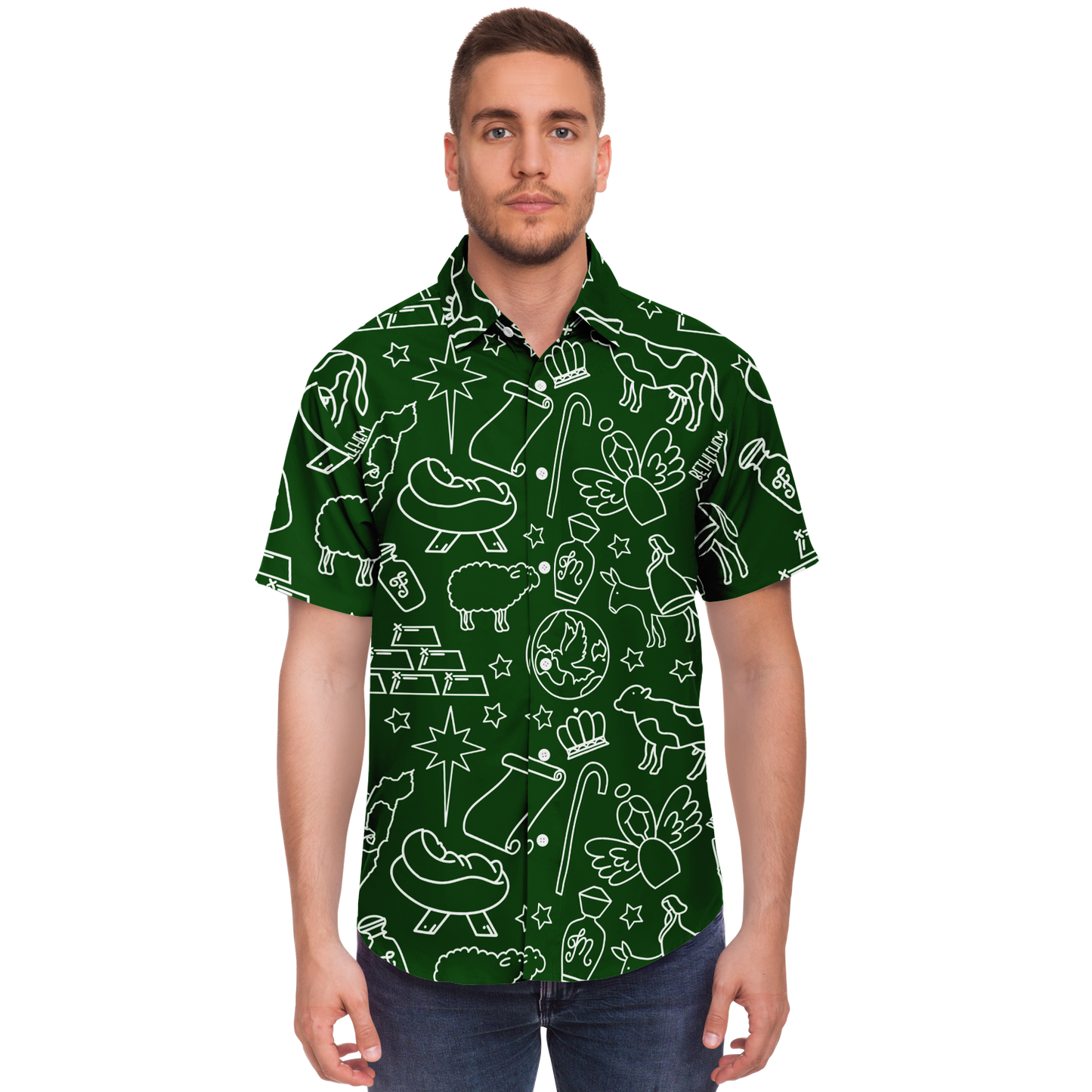 Christmas Nativity Sketch Short Sleeve Button Down Shirt - Green