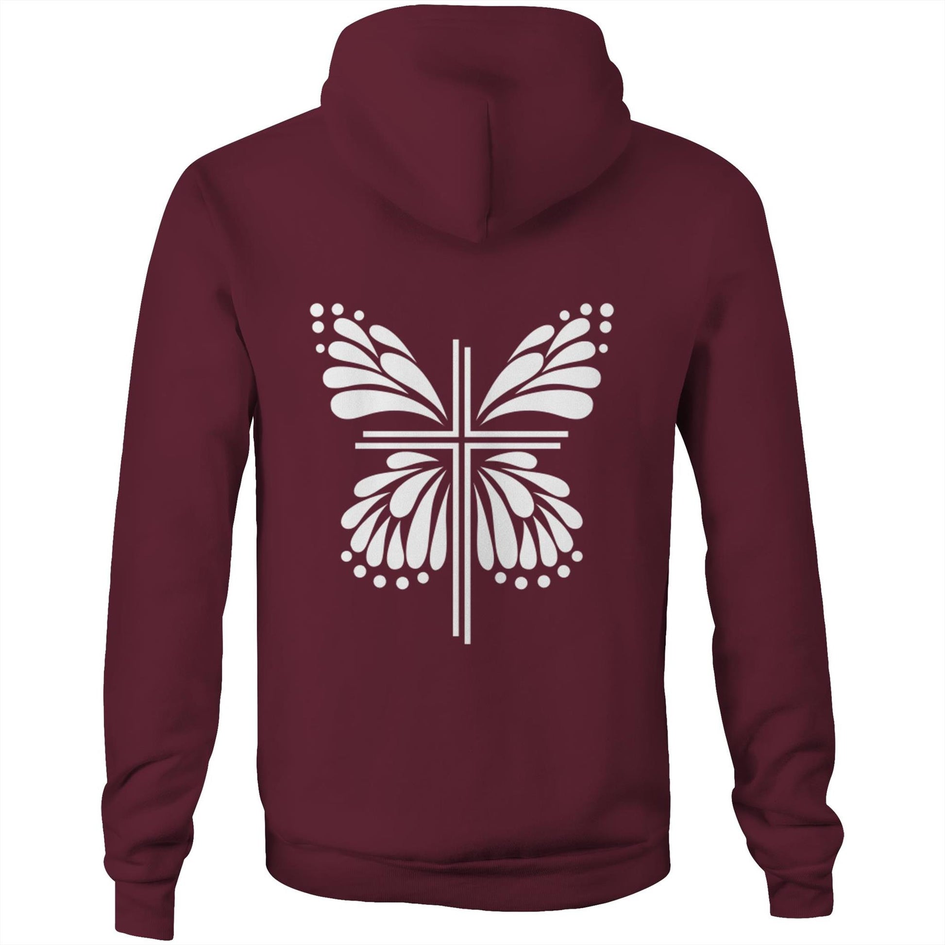Maroon Hoodie with White graphic Sweater Hoodie. Graphic is of a cross with butterfly wings coming out of it.  Inspiration is from the bible; Therefore, if anyone is in Christ, he is a new creation. The old has passed away; behold, the new has come. 2 Corinthians 5:17 Christian Hooded Sweatshirt  by Christianitee via christianitee.com.au