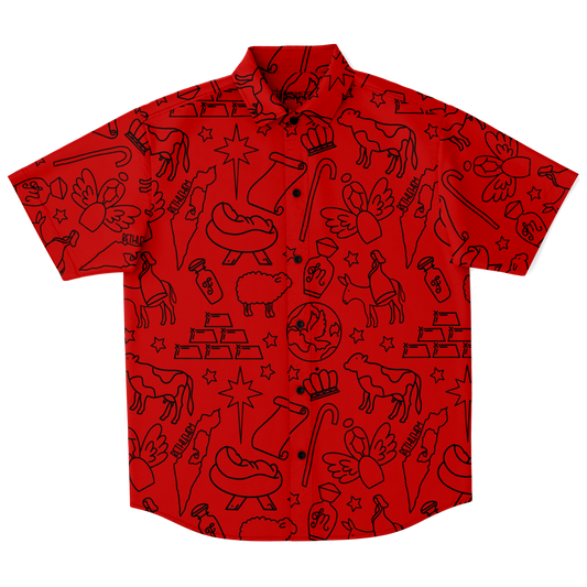 Christmas Nativity Sketch Short Sleeve Button Down Shirt - Red