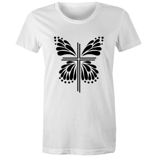White T-Shirt with black graphic. Graphic is of a cross with butterfly wings coming out of it.  Inspiration is from the bible; Therefore, if anyone is in Christ, he is a new creation. The old has passed away; behold, the new has come. 2 Corinthians 5:17