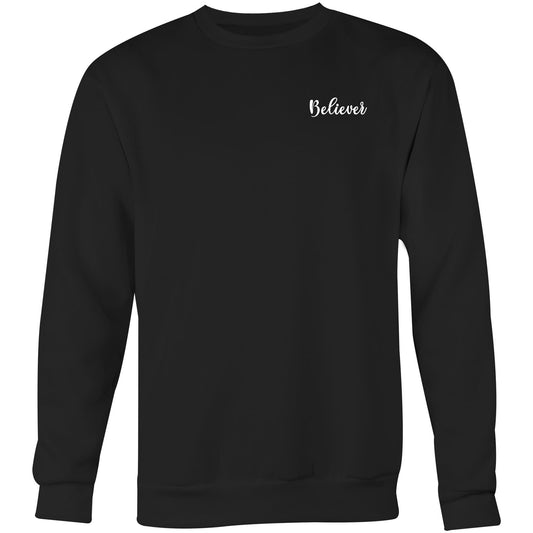 Christianitee Christian Crew Neck Jumper in Black with Believer in white script font Design. Printed in Australia