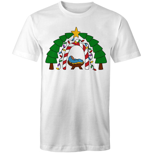 White T-Shirt with a baby Jesus in the manger in the centre. A candycane archway around, followed by a Christmas light arch, and framed by two evergreen trees and topped with a star, it reminds us of God’s gift of everlasting life and the guiding light that led the wise men to the Saviour.