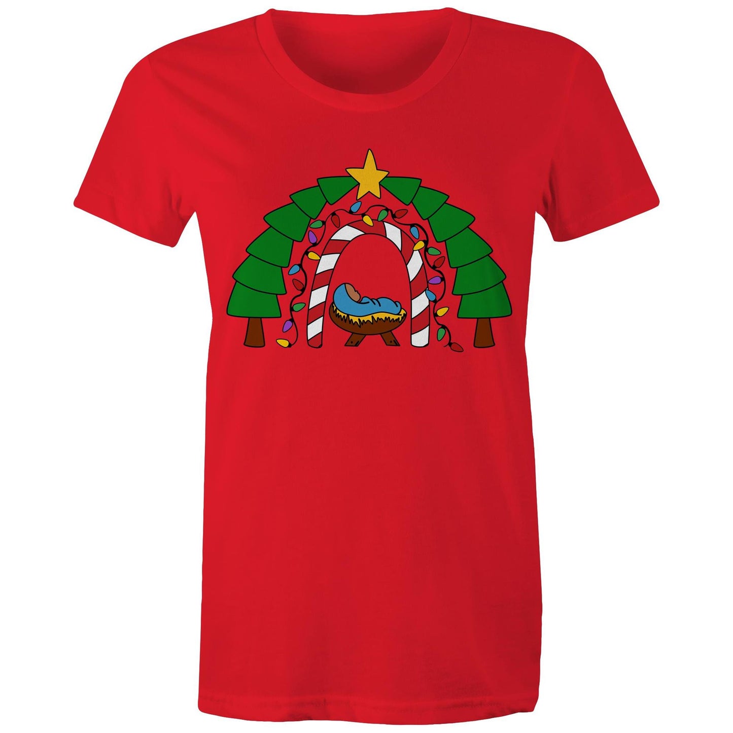 Women's Christian Red T-shirt by Christianitee featuring a cosy nativity scene with baby Jesus in a manger, framed by a candy cane and Christmas light arch, evergreen trees, and a star. A festive design celebrating the joy and meaning of Christmas.