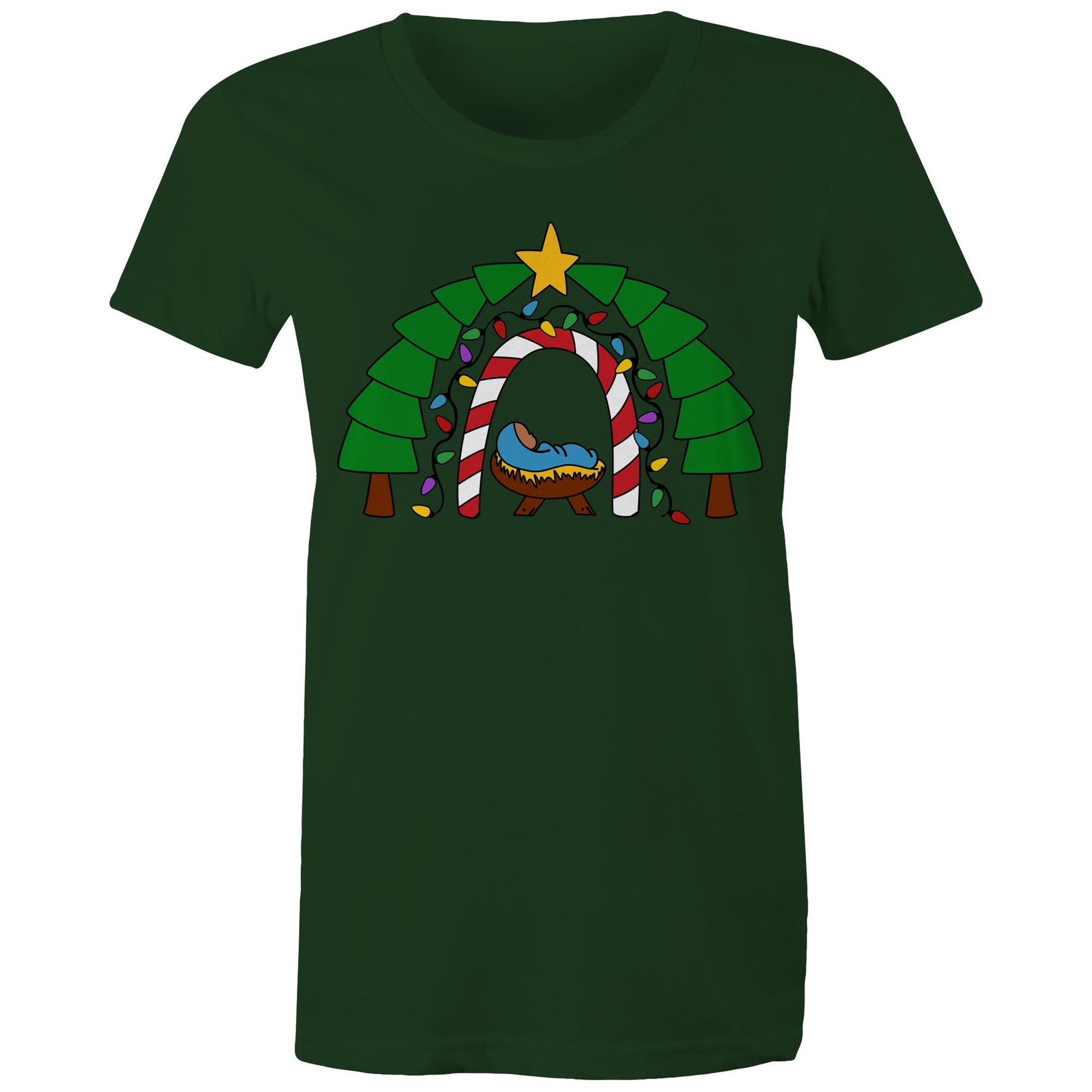 Women's Christian Green T-shirt by Christianitee featuring a cosy nativity scene with baby Jesus in a manger, framed by a candy cane and Christmas light arch, evergreen trees, and a star. A festive design celebrating the joy and meaning of Christmas.