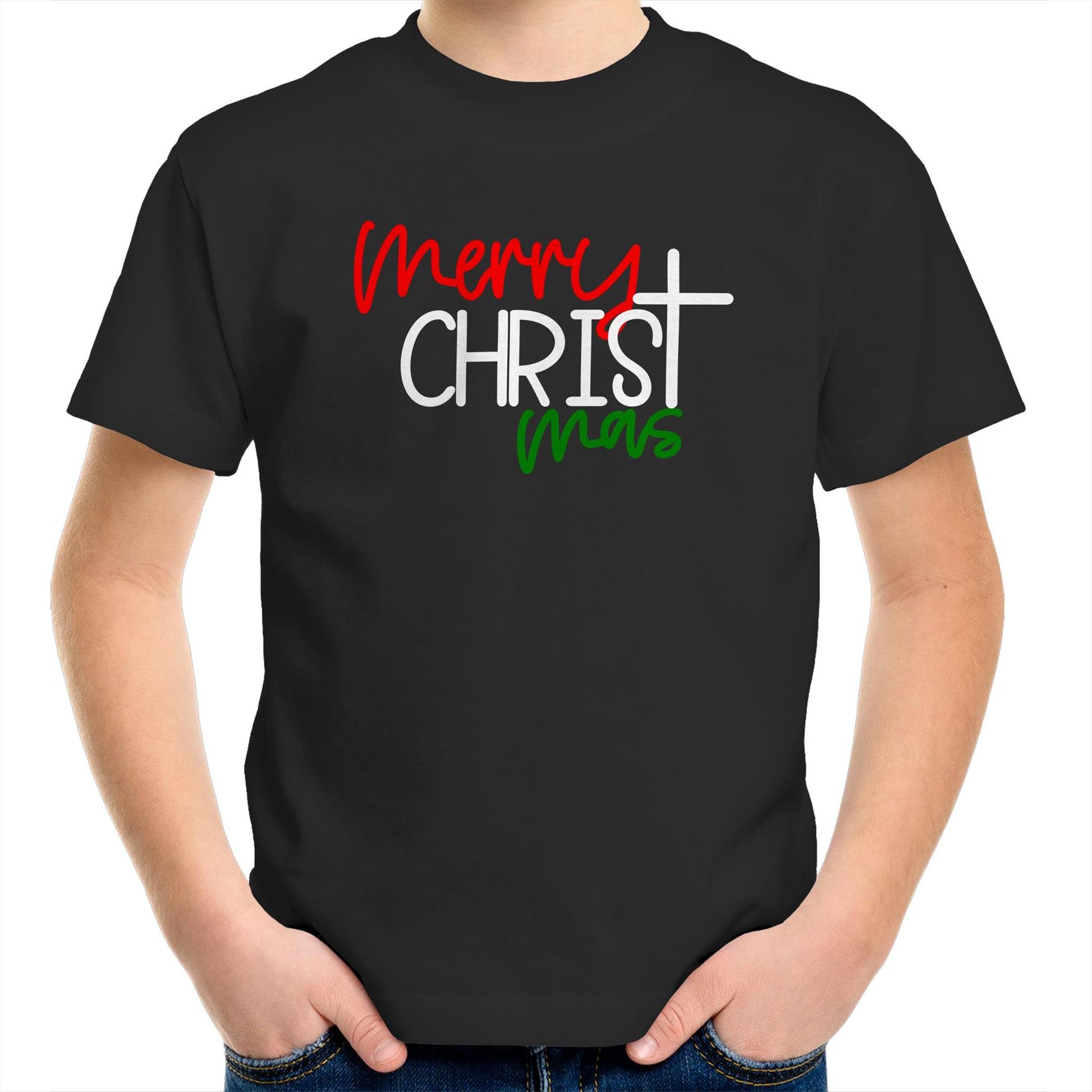 Christ focused Merry Christmas T-Shirt for Kids Children or Youth by Christianitee. The Tee itself is black, the word Merry is in red, Christ is emphasised and in white with a cross as the letter T, and the mas is in green. 