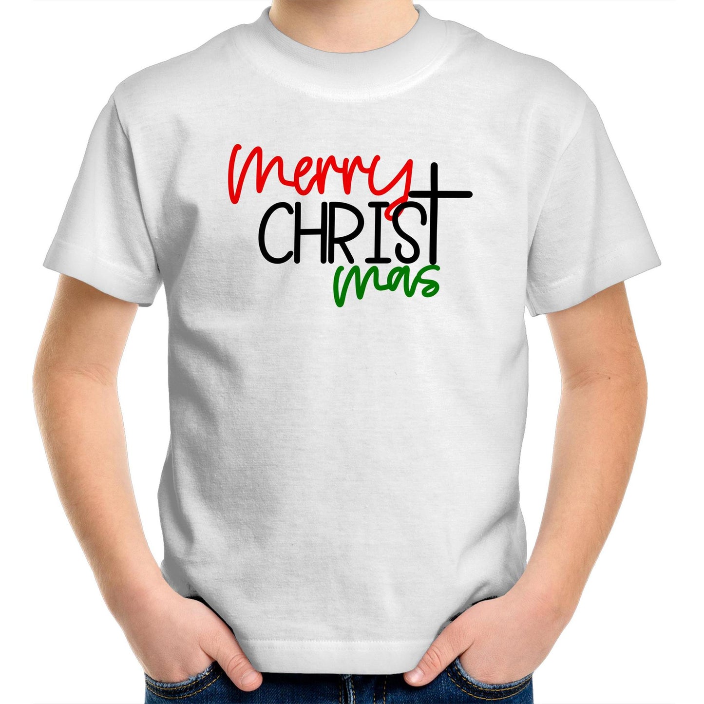 Christ focused Merry Christmas T-Shirt for Kids Children or Youth by Christianitee. The Tee itself is white, the word Merry is in red, Christ is emphasised and in black with a cross as the letter T, and the mas is in green. 