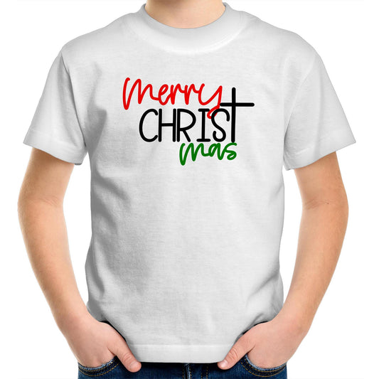 Christ focused Merry Christmas T-Shirt for Kids Children or Youth by Christianitee. The Tee itself is white, the word Merry is in red, Christ is emphasised and in black with a cross as the letter T, and the mas is in green. 