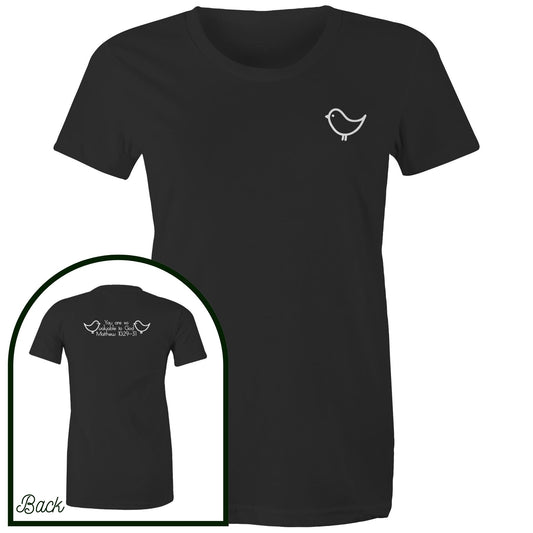 Black Organic Cotton Womens Christian Tshirt by Christianitee. Sweet and subtle sparrow on the front, and a simple "you are valuable to God" with two sparrows and the verse reference on the back. Matthew 10:29-31 Printed in and shipped from Australia.