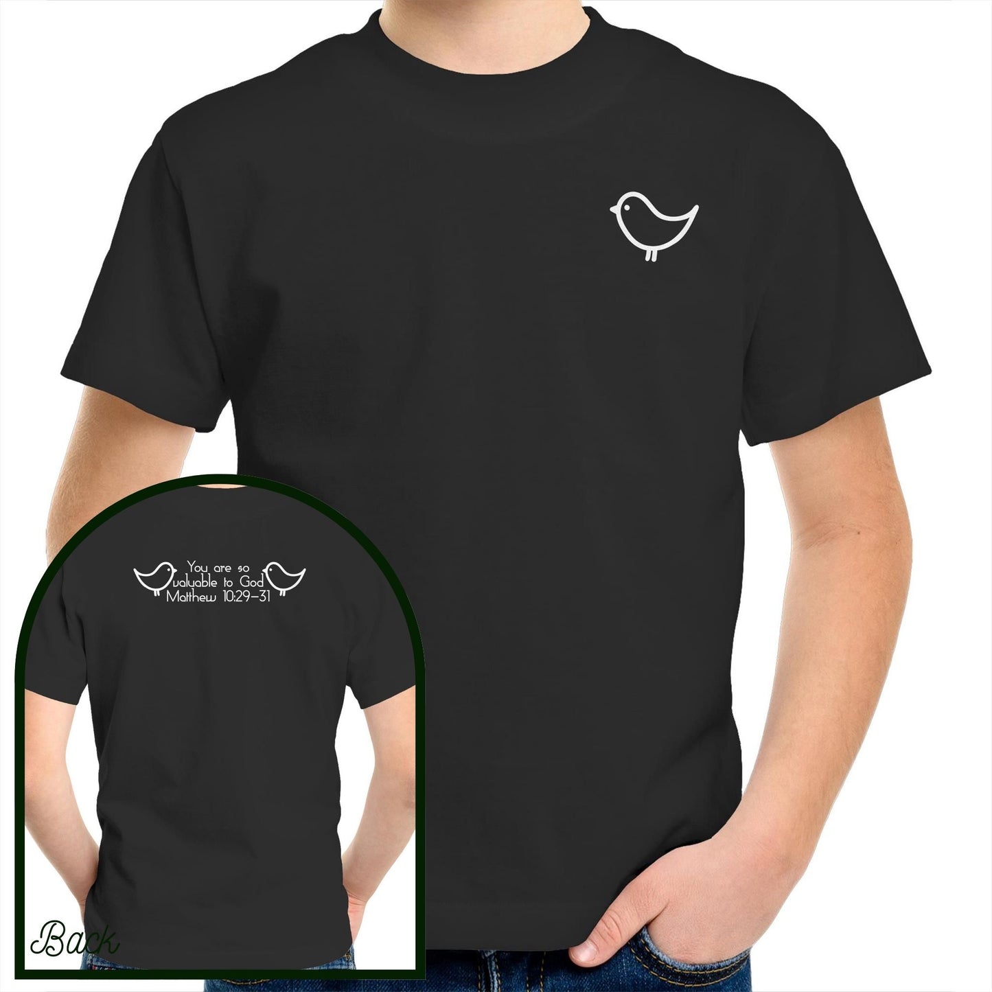 Black 100% Cotton Kids and Youth Christian Tshirt by Christianitee. Sweet and subtle sparrow on the front, and a simple "you are valuable to God" with two sparrows and the verse reference on the back. Matthew 10:29-31 Printed in and shipped from Australia.