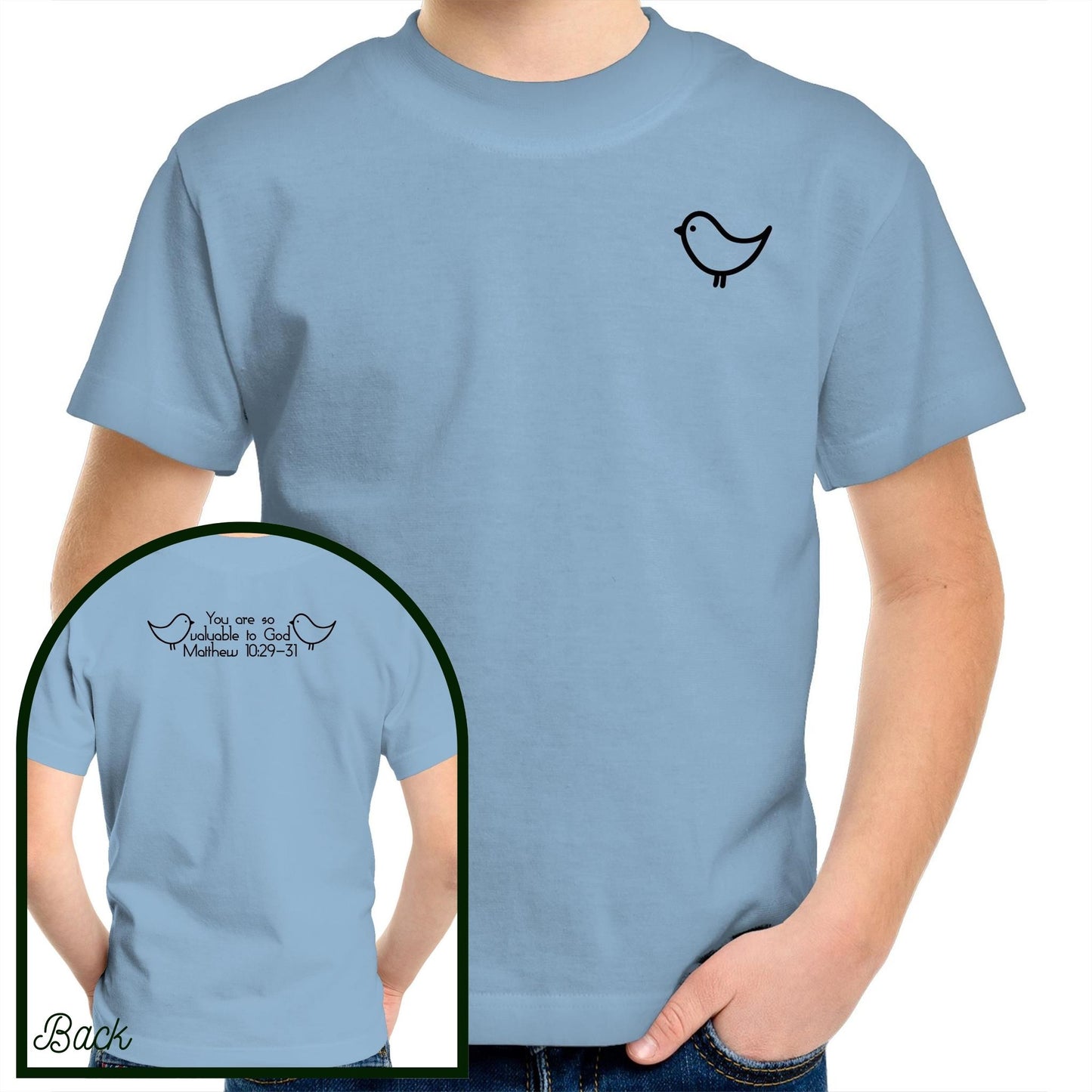 Carolina Blue 100% Cotton Kids and Youth Christian Tshirt by Christianitee. Sweet and subtle sparrow on the front, and a simple "you are valuable to God" with two sparrows and the verse reference on the back. Matthew 10:29-31 Printed in and shipped from Australia.