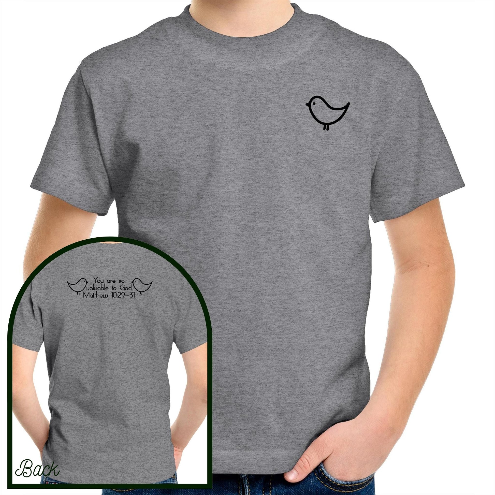 Grey Marle 85% Cotton Kids and Youth Christian Tshirt by Christianitee. Sweet and subtle sparrow on the front, and a simple "you are valuable to God" with two sparrows and the verse reference on the back. Matthew 10:29-31 Printed in and shipped from Australia.