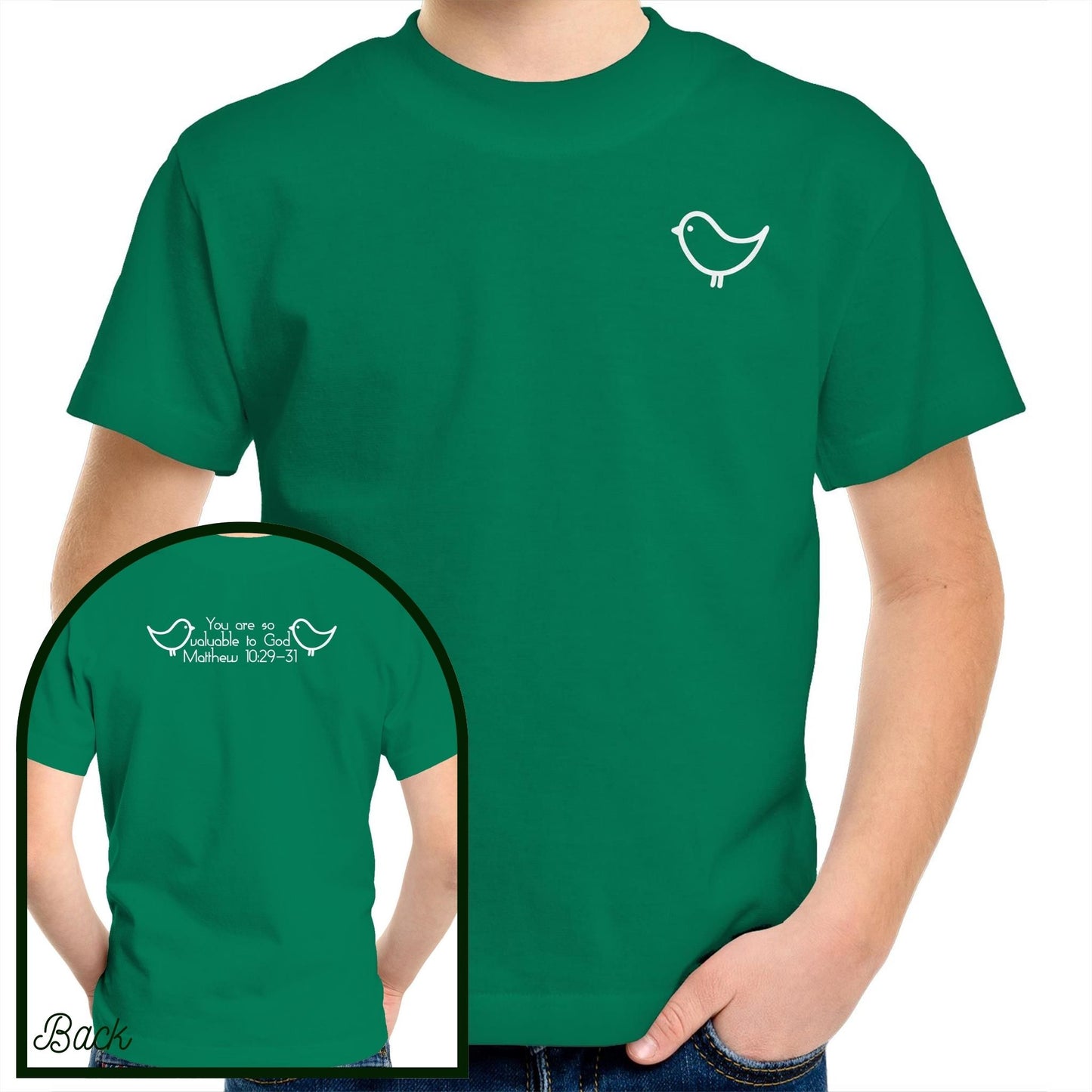 Kelly Green 100% Cotton Kids and Youth Christian Tshirt by Christianitee. Sweet and subtle sparrow on the front, and a simple "you are valuable to God" with two sparrows and the verse reference on the back. Matthew 10:29-31 Printed in and shipped from Australia.