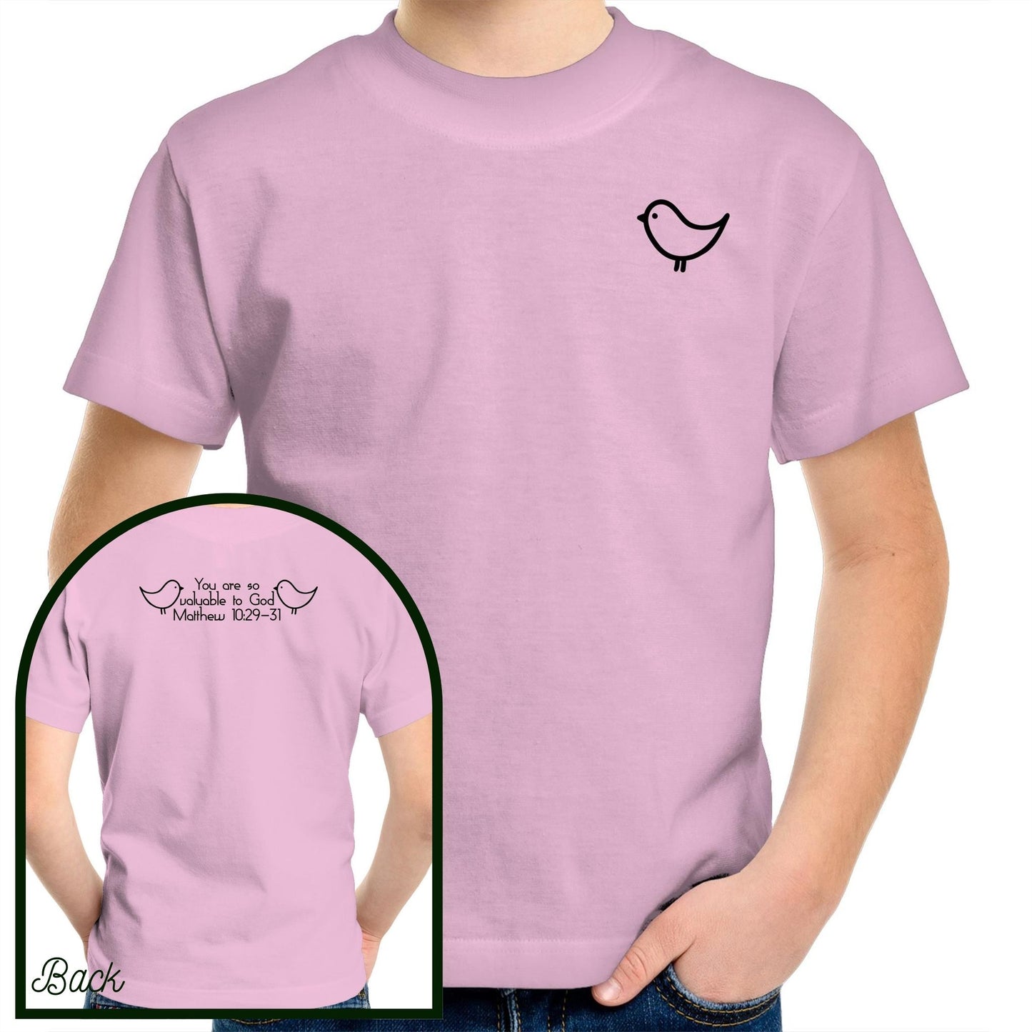 Pink 100% Cotton Kids and Youth Christian Tshirt by Christianitee. Sweet and subtle sparrow on the front, and a simple "you are valuable to God" with two sparrows and the verse reference on the back. Matthew 10:29-31 Printed in and shipped from Australia.