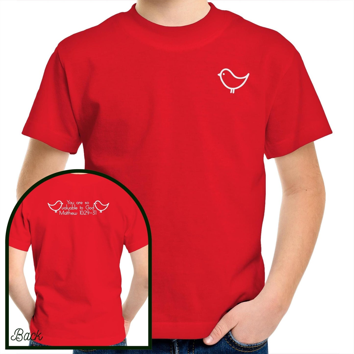 Red 100% Cotton Kids and Youth Christian Tshirt by Christianitee. Sweet and subtle sparrow on the front, and a simple "you are valuable to God" with two sparrows and the verse reference on the back. Matthew 10:29-31 Printed in and shipped from Australia.