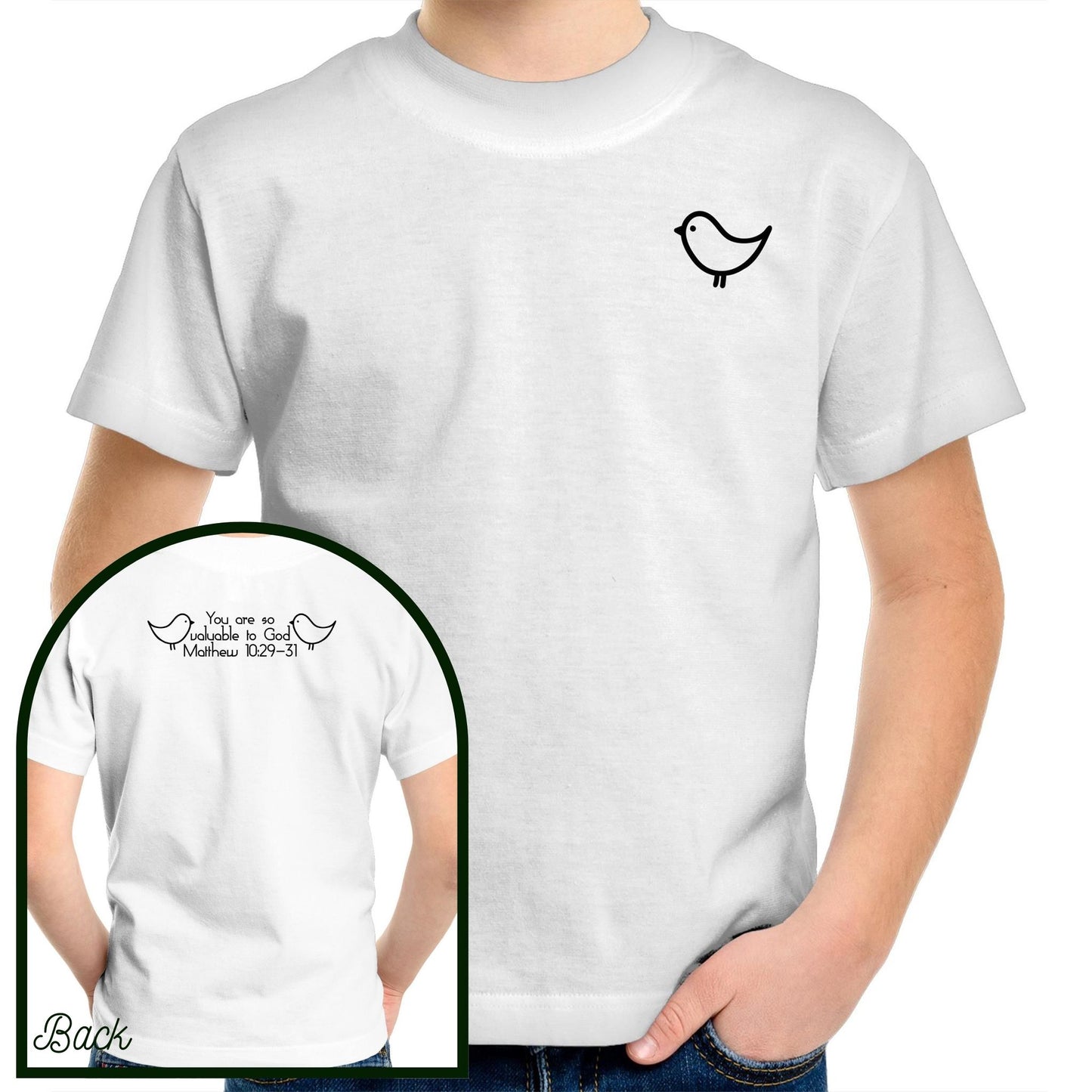 White 100% Cotton Kids and Youth Christian Tshirt by Christianitee. Sweet and subtle sparrow on the front, and a simple "you are valuable to God" with two sparrows and the verse reference on the back. Matthew 10:29-31 Printed in and shipped from Australia.