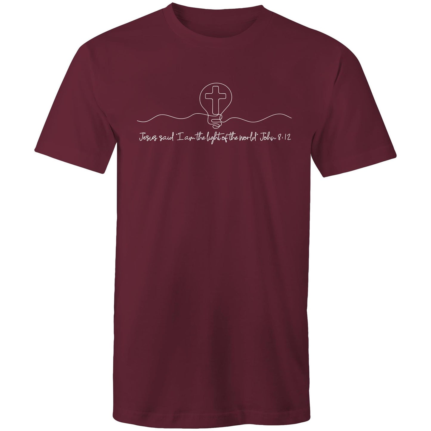 Christianitee original design. Christian T-Shirt in Maroon with white text and graphic design. Text says "Jesus said I am the light of the world. John 8:12. The Graphic is a simple one line drawing of light globe with a cross inside.