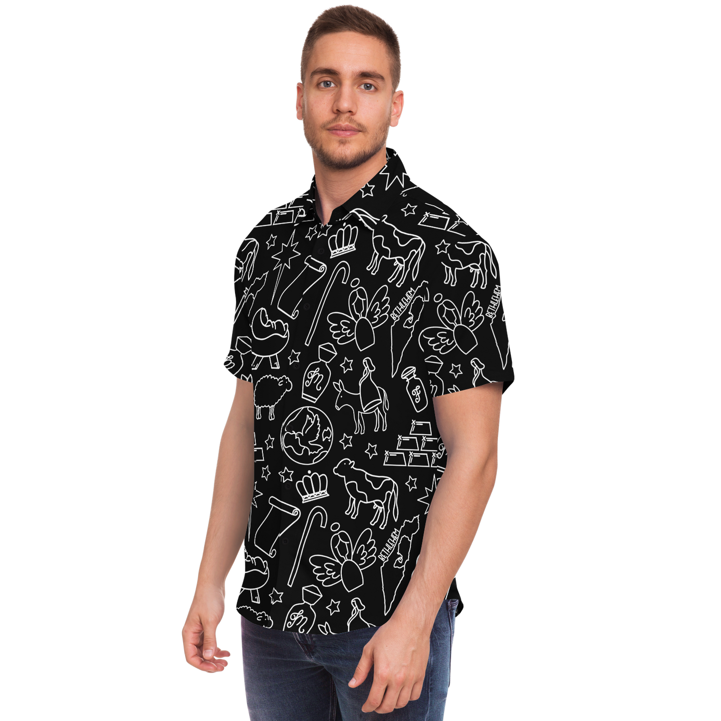 Christmas Nativity Sketch Short Sleeve Button Down Shirt - Black