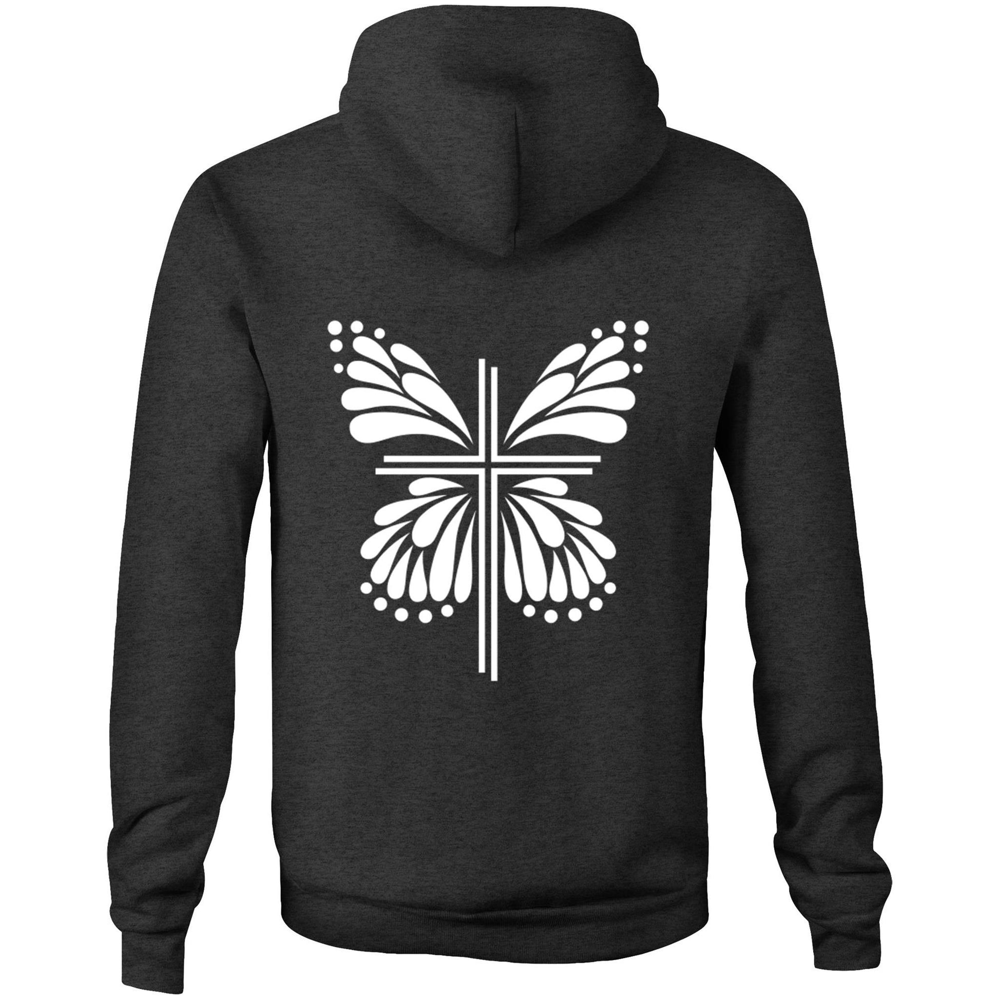 Grey Hoodie & White graphic Sweater Hoodie. Graphic is of a cross with butterfly wings coming out of it.  Inspiration is from the bible; Therefore, if anyone is in Christ, he is a new creation. The old has passed away; behold, the new has come. 2 Corinthians 5:17 Christian Hooded Sweatshirt  by Christianitee via christianitee.com.au