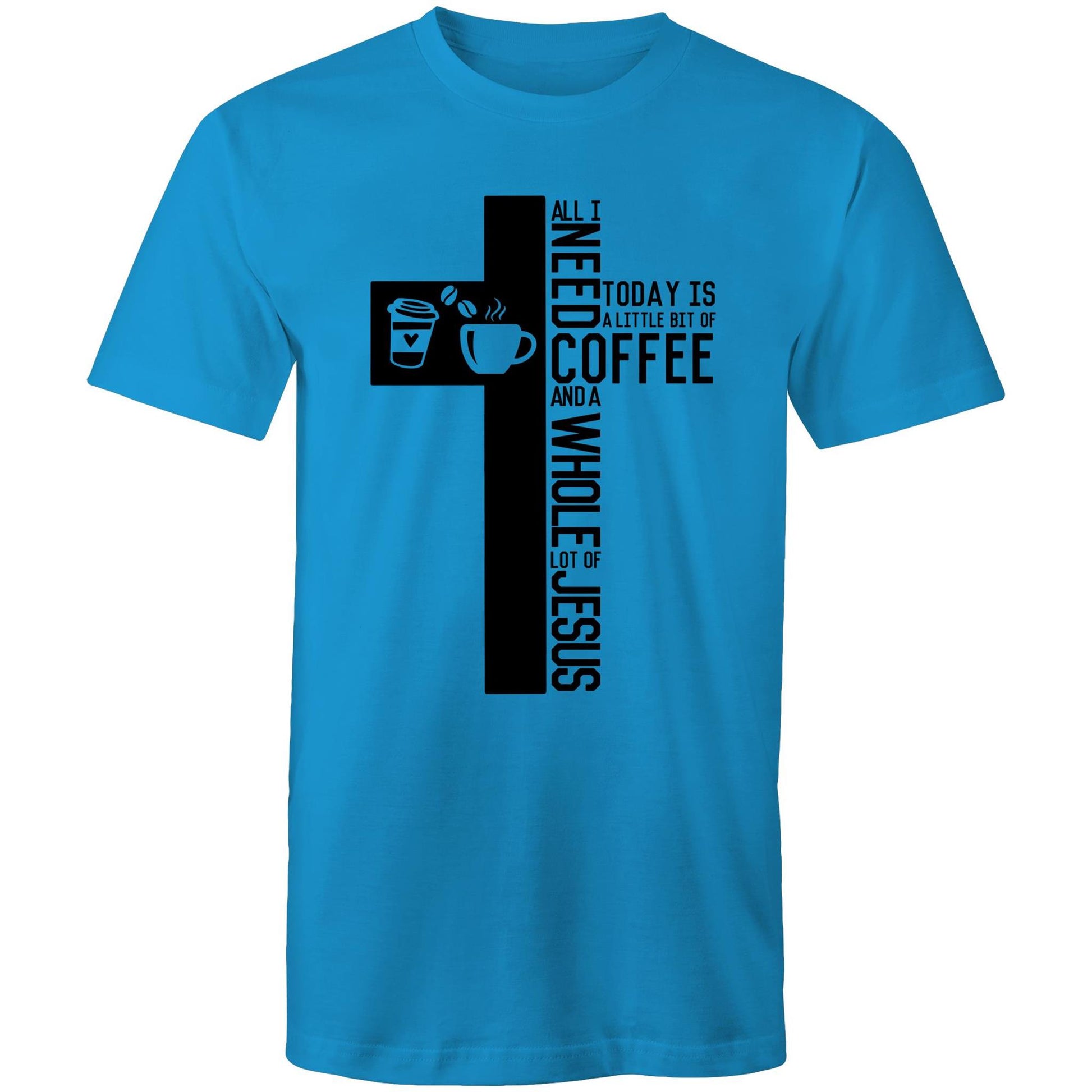 Christian T-Shirt by Christianitee a Biblical Scripture Focused T-Shirt Brand in Australia. Shirt is Bright Blue with a Cross & Coffee Graphic and saying all I need today is a little bit of coffee and a whole lot of Jesus.