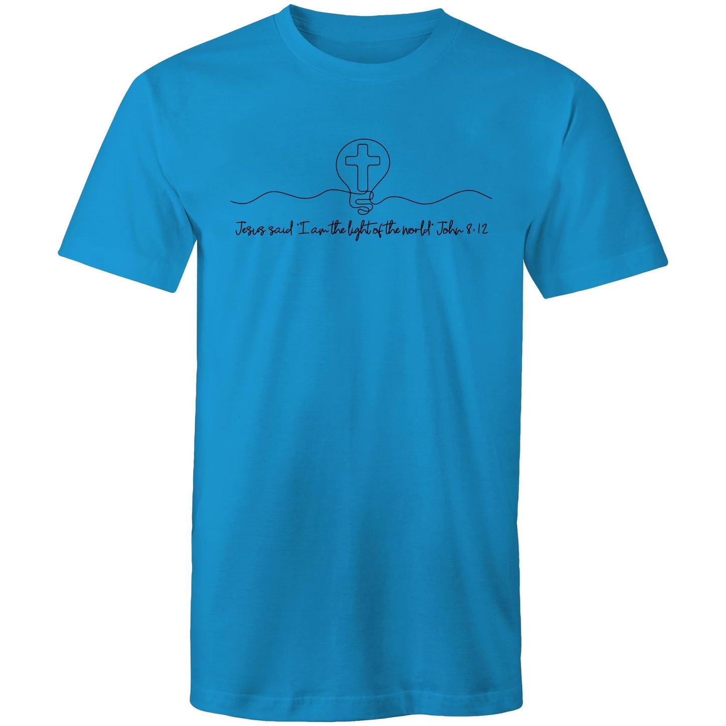 Christianitee original design. Christian T-Shirt in Blue with black text and graphic design. Text says "Jesus said I am the light of the world. John 8:12. The Graphic is a simple one line drawing of light globe with a cross inside.