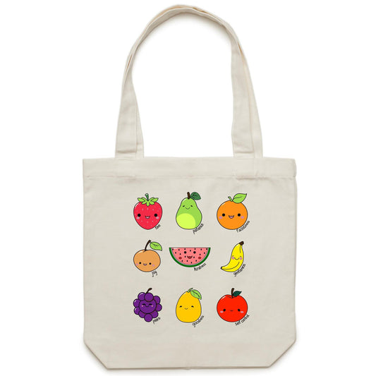 Christianitee Christian Biblical Scripture Cream Tote Bag with Kawaii Style Fruit and the writing Love, Joy, Peace, Patience, Kindness, Goodness, Faithfulness, Gentleness, Self Control