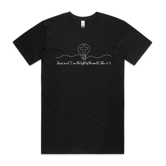 Christianitee original design. Christian T-Shirt in Black with white text and graphic design. Text says "Jesus said I am the light of the world. John 8:12. The Graphic is a simple one line drawing of light globe with a cross inside.