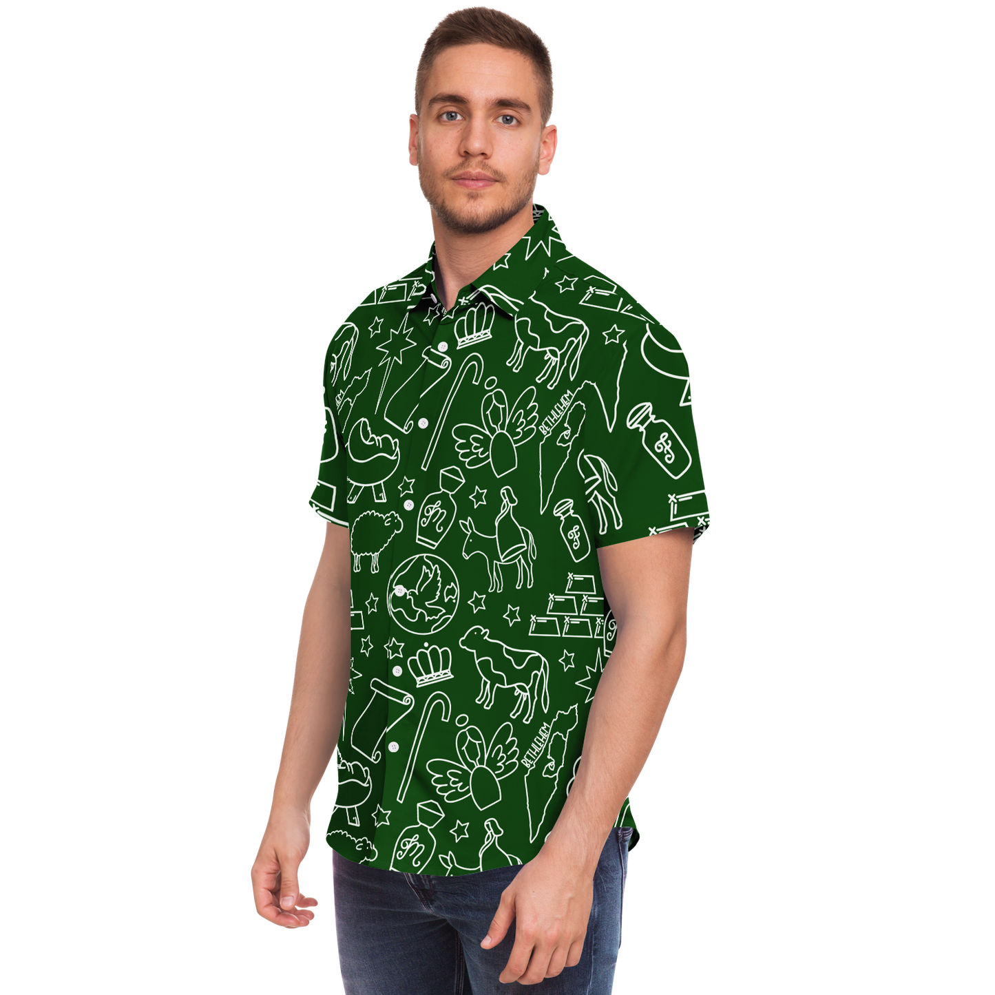 Christmas Nativity Sketch Short Sleeve Button Down Shirt - Green