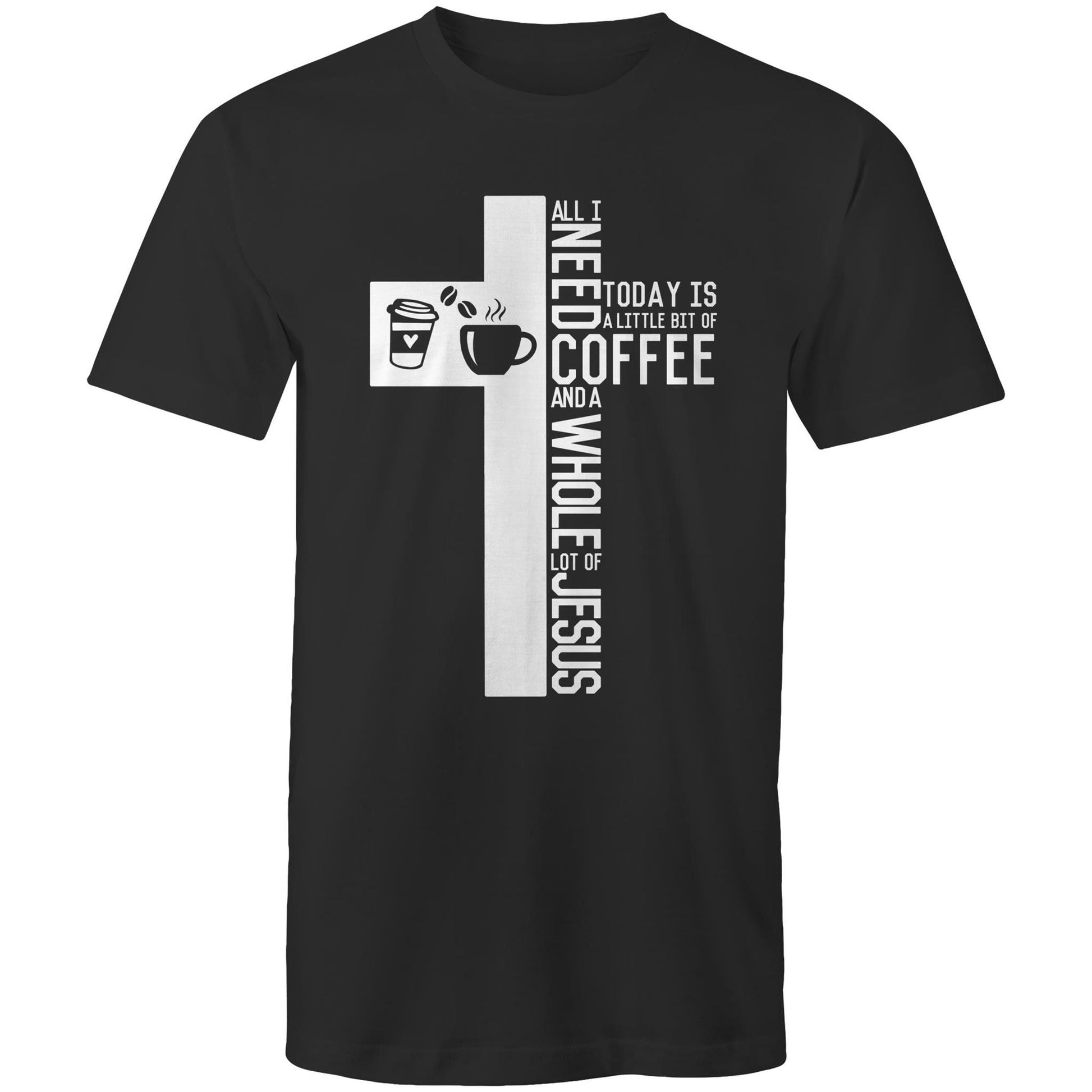 Christian T-Shirt by Christianitee a Biblical Scripture Focused T-Shirt Brand in Australia. Shirt is Black with a Cross & Coffee Graphic and saying all I need today is a little bit of coffee and a whole lot of Jesus.