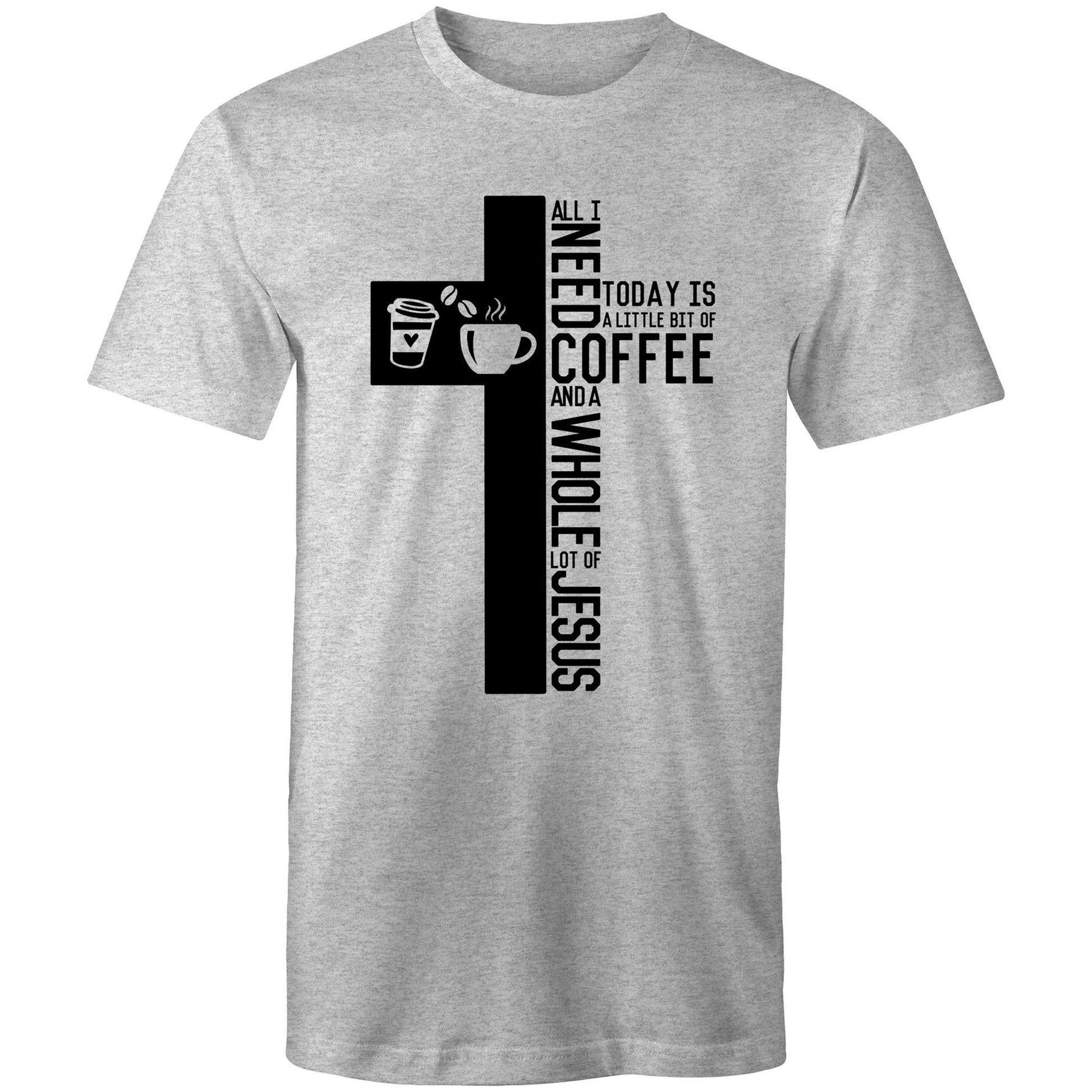 Christian T-Shirt by Christianitee a Biblical Scripture Focused T-Shirt Brand in Australia. Shirt is Grey with a Cross & Coffee Graphic and saying all I need today is a little bit of coffee and a whole lot of Jesus.