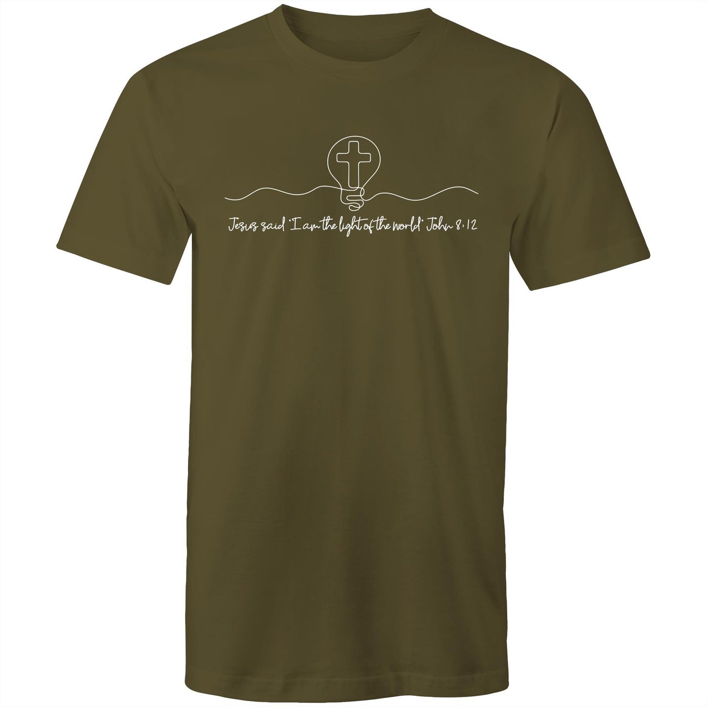 Christianitee original design. Christian T-Shirt in Army Green with white text and graphic design. Text says "Jesus said I am the light of the world. John 8:12. The Graphic is a simple one line drawing of light globe with a cross inside.