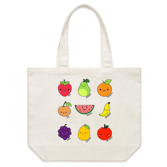 Christianitee Christian Biblical Scripture Cream Tote Bag with Kawaii Style Fruit and the writing Love, Joy, Peace, Patience, Kindness, Goodness, Faithfulness, Gentleness, Self Control