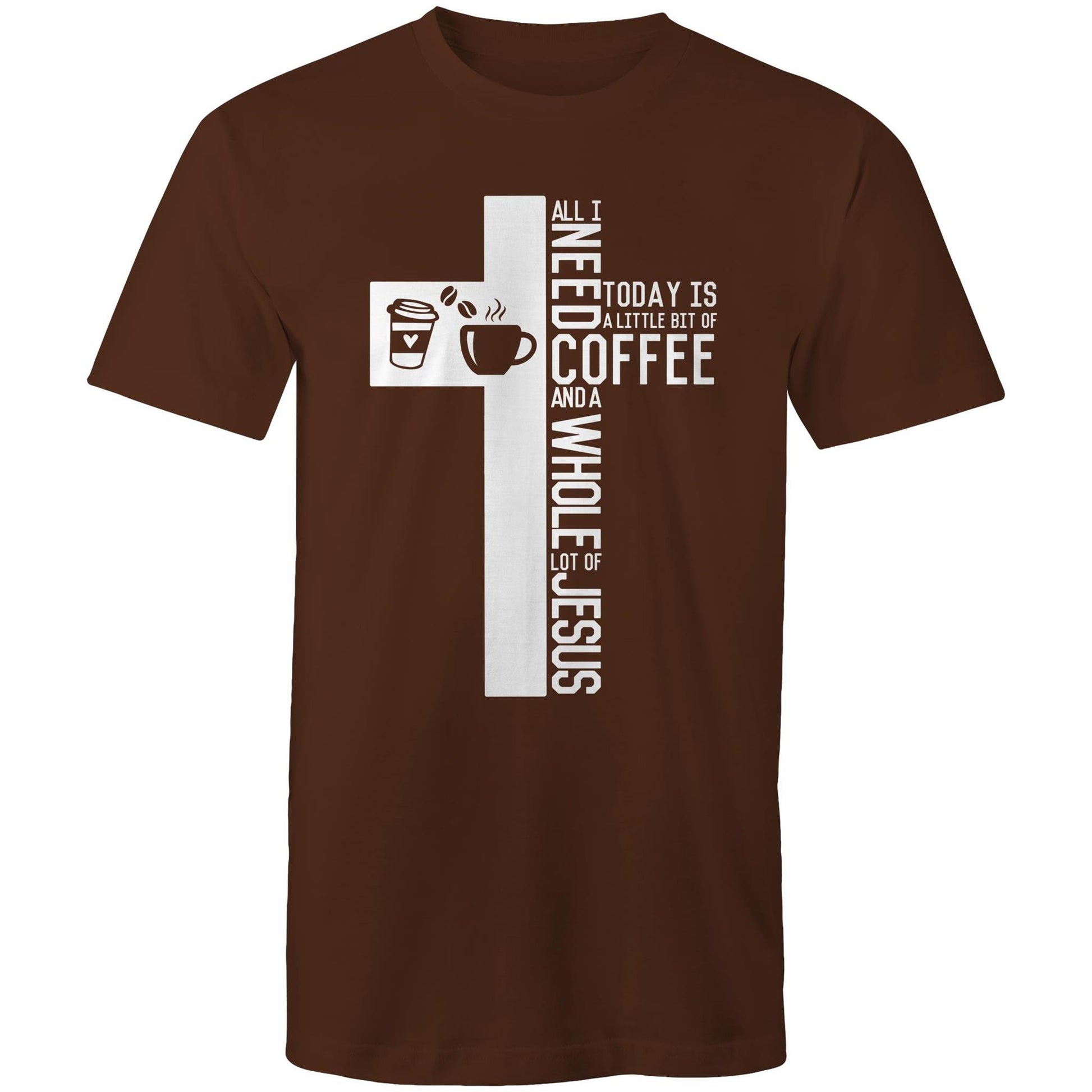 Christian T-Shirt by Christianitee a Biblical Scripture Focused T-Shirt Brand in Australia. Shirt is Brown with a Cross & Coffee Graphic and saying all I need today is a little bit of coffee and a whole lot of Jesus.